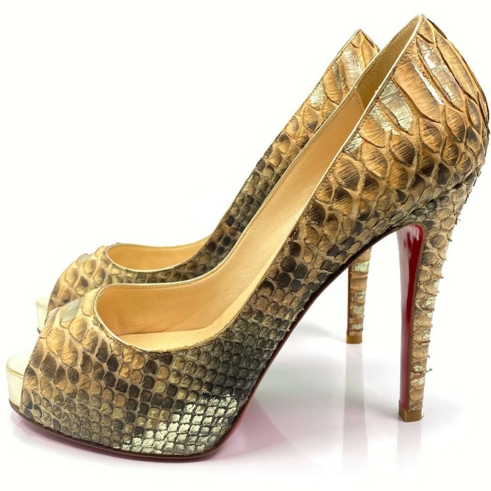 Christian Louboutin Gold Snakeskin Peep-Toe Pumps with Red Soles